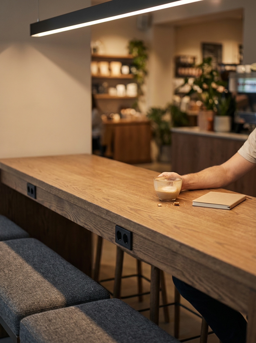 A wooden table in a cozy cafe with a glass of iced coffee, a closed notebook, and some snacks on it. Blurred background with shelves holding cups and plants.