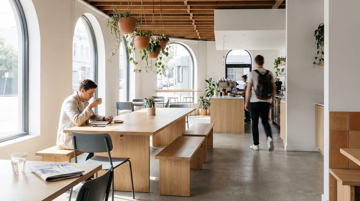 Interior of a modern café with natural light, wooden furniture, hanging plants, a man drinking coffee, and a barista at the counter.