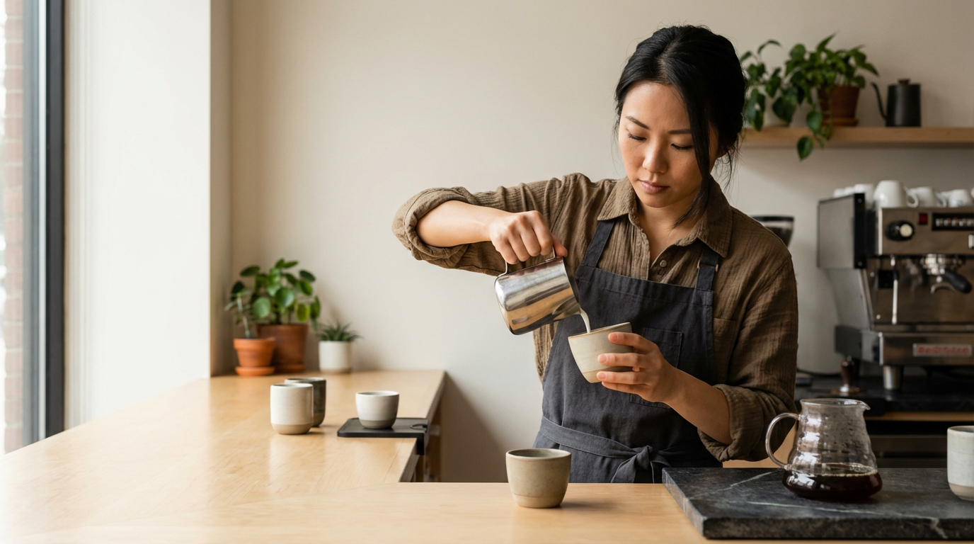A woman pouring steamed milk into a coffee cup in a cafe with potted plants and coffee equipment in the background.