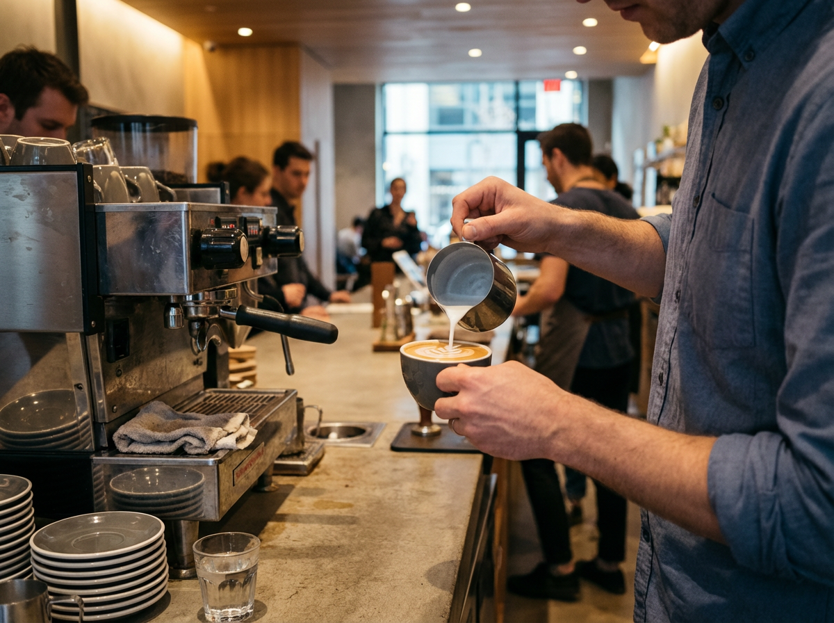 A barista pours steamed milk into a cup of espresso, creating latte art, in a busy coffee shop.