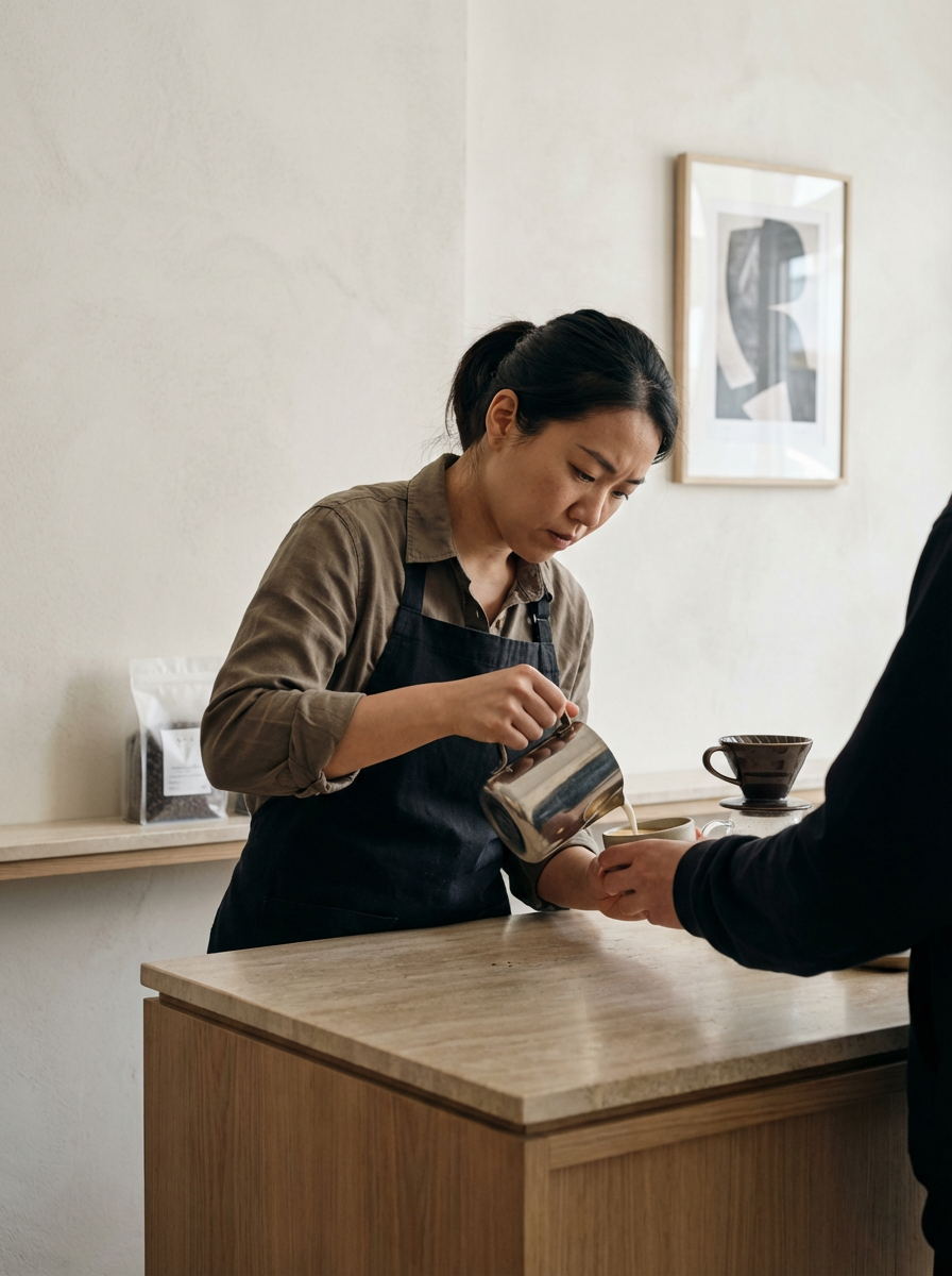 A woman in a brown shirt and black apron pours coffee into a cup for a customer at a wooden counter in a minimalist coffee shop, with art on the wall and coffee equipment in the background.