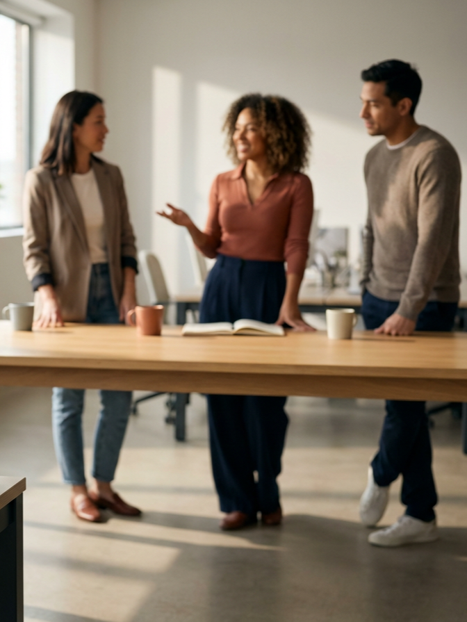 Three people standing and talking around a wooden table in an office.