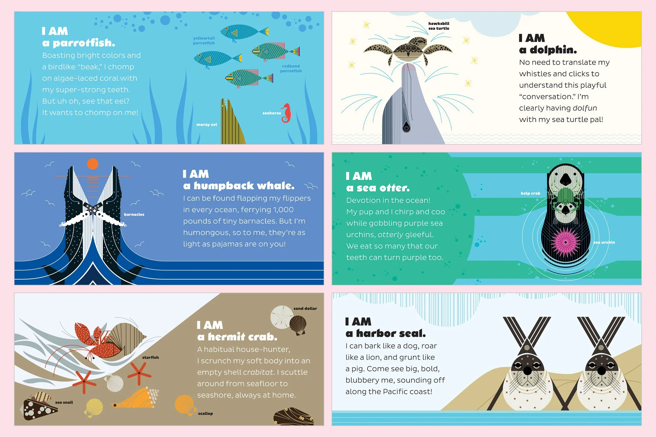 Illustrated spreads from 'I Am Wild in the Ocean'.