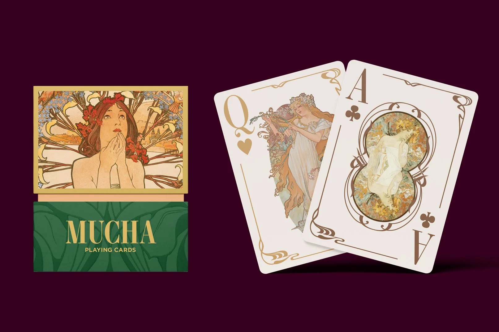Alphonse Mucha playing cards with gold foil detail on the box exterior