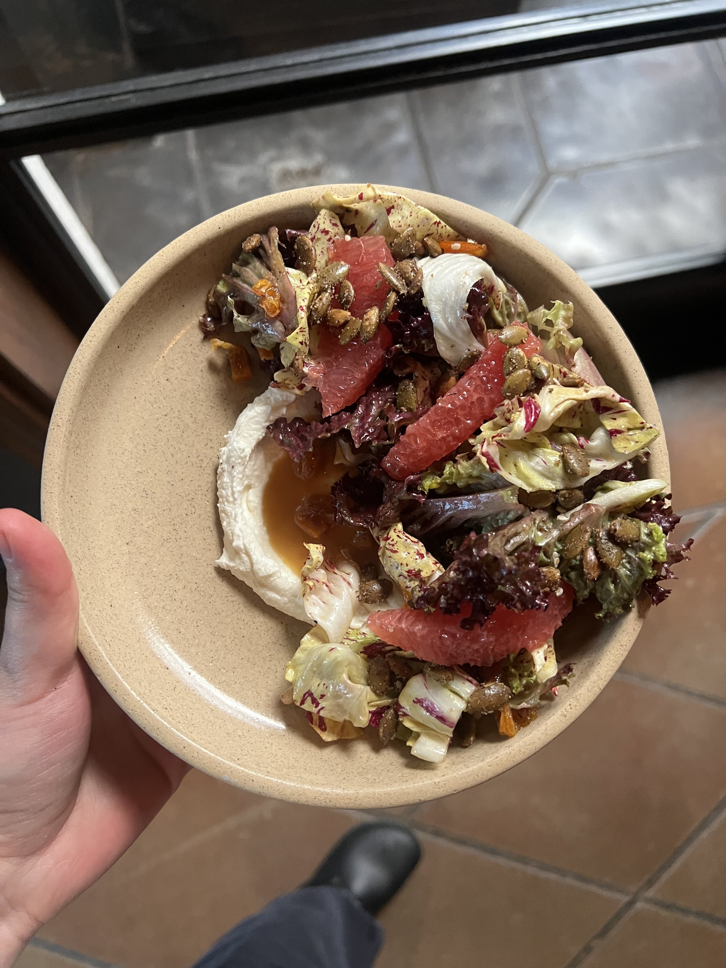 A person holding a beige bowl filled with a mixed chocory salad, a base of whipped feta, topped with grapefruit segments, and seeds.