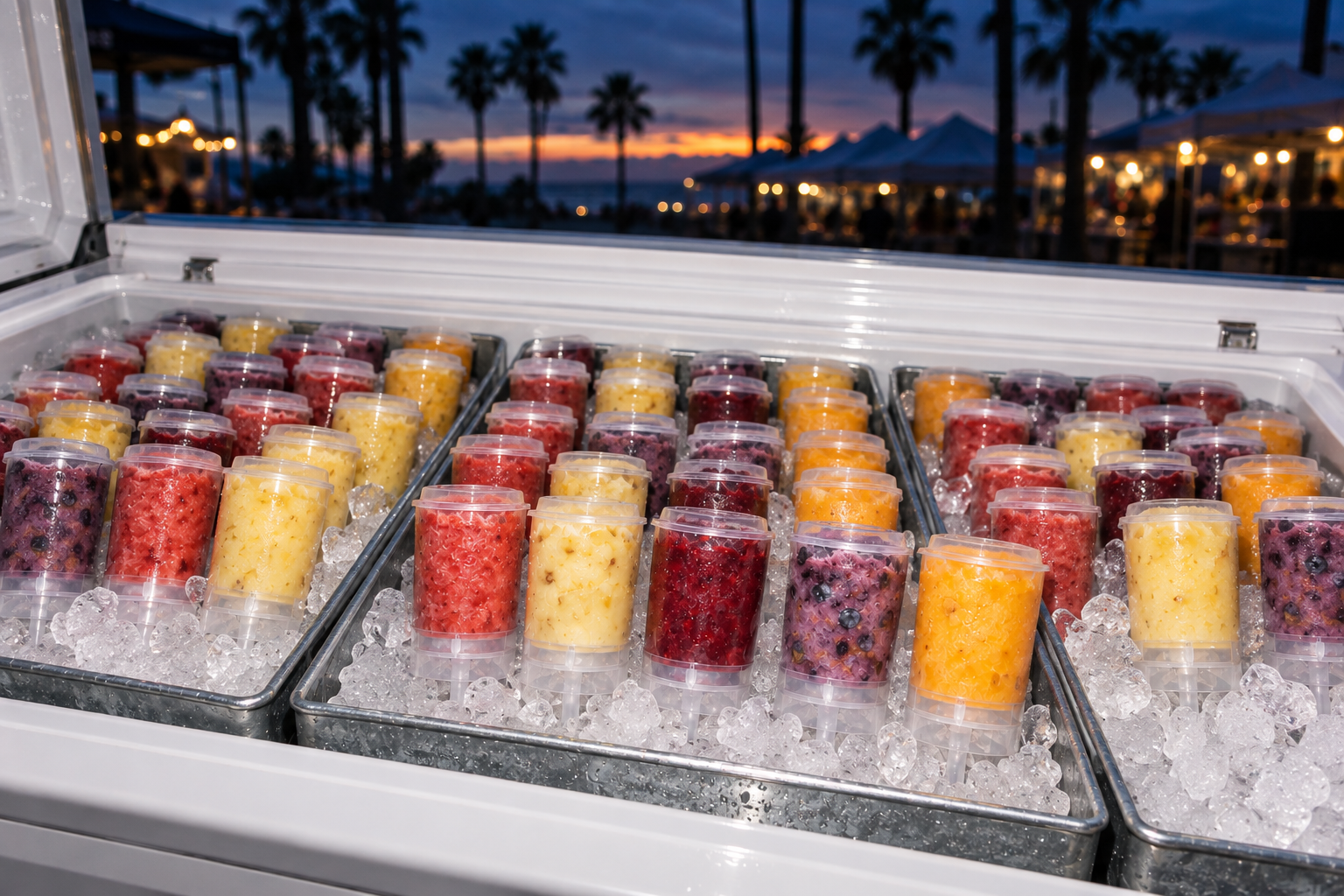Colorful real-fruit Tidesicles stocked in a freezer at a sunset market in New Smyrna Beach.