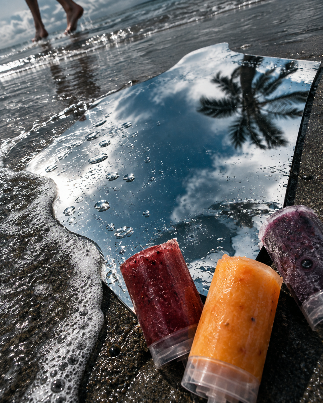 Strawberry and orange Tidesicles beside a mirror on the shoreline with palm trees reflected at sunset.