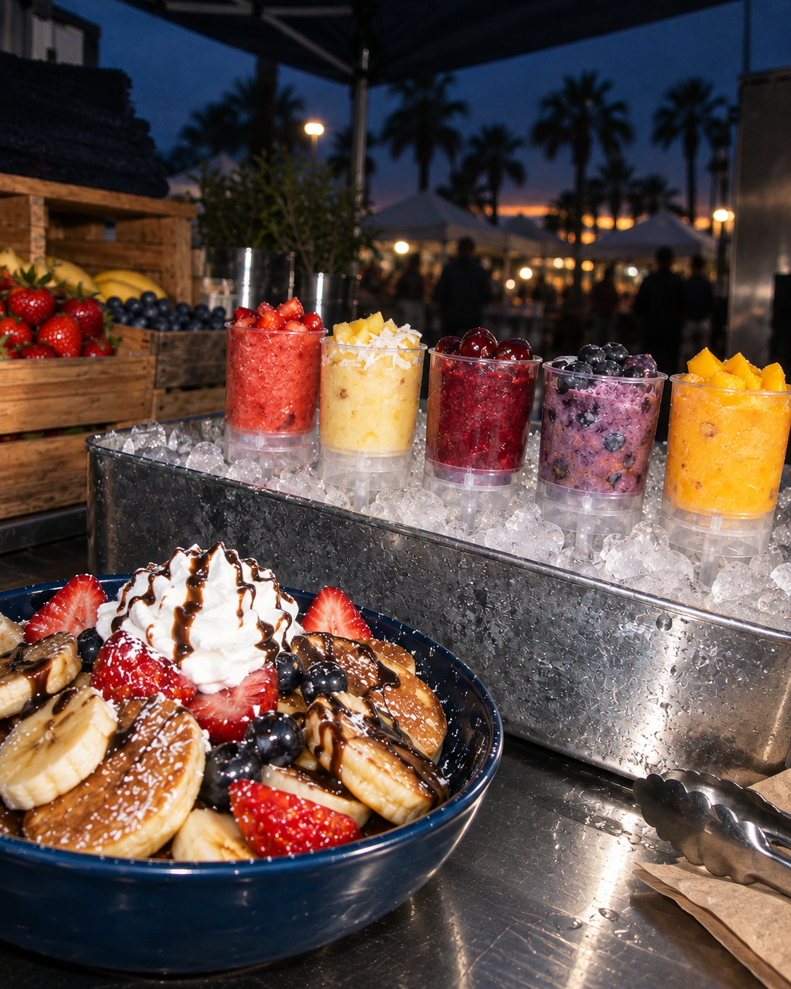TideHaus mini pancake bowl and five real-fruit Tidesicles displayed over ice at a beachside event.