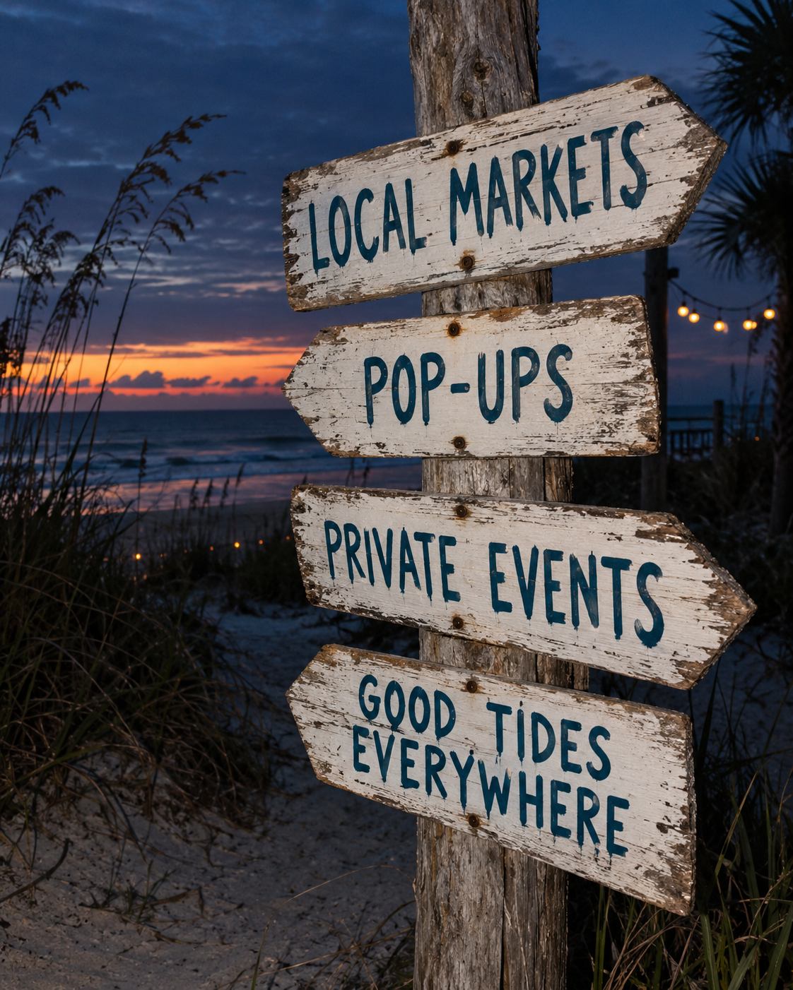 Beach sign directing customers to TideHaus local markets, pop-ups and private events.