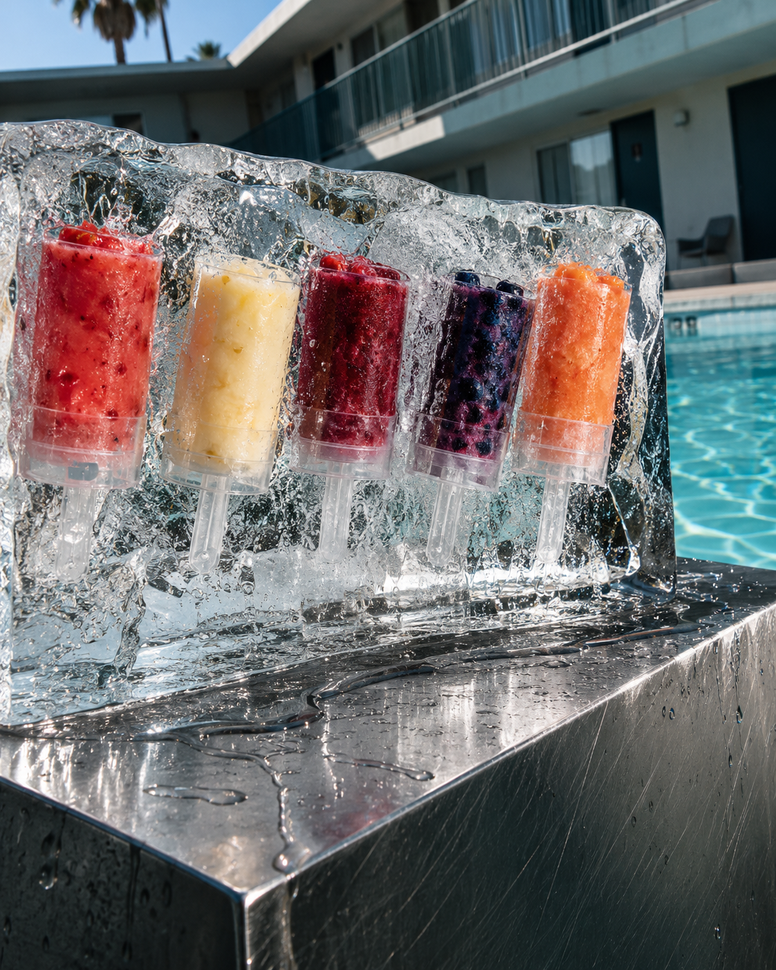 Five colorful real-fruit Tidesicles displayed over ice beside a swimming pool.