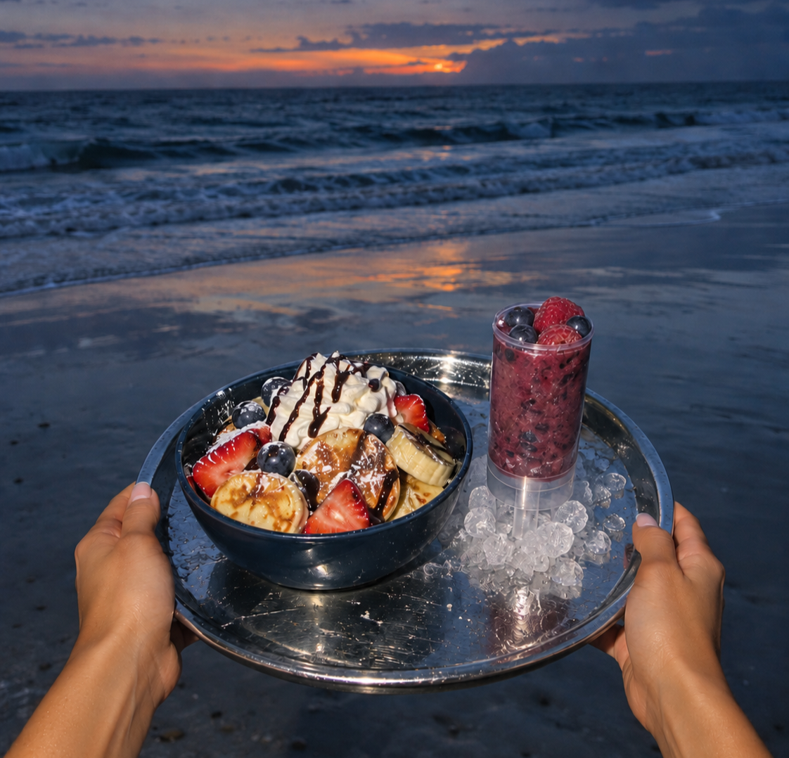TideHaus mini pancake bowl and blueberry raspberry Tidesicle served on the beach at sunset.