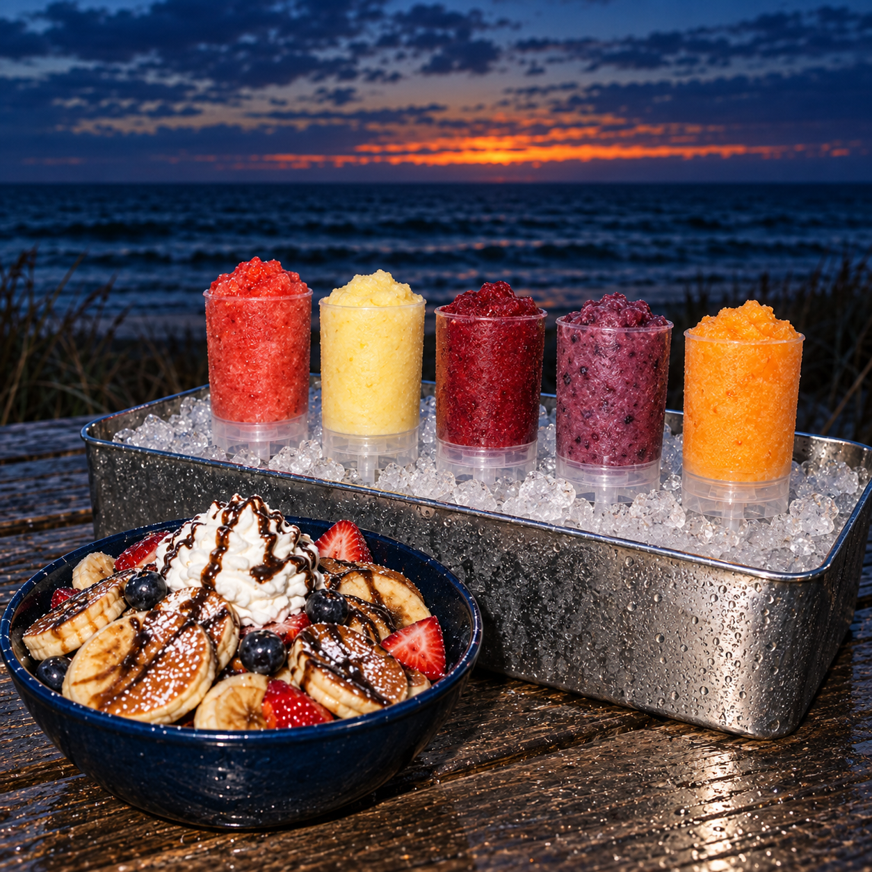 Five real-fruit Tidesicles over ice beside a TideHaus mini pancake bowl at an ocean sunset.