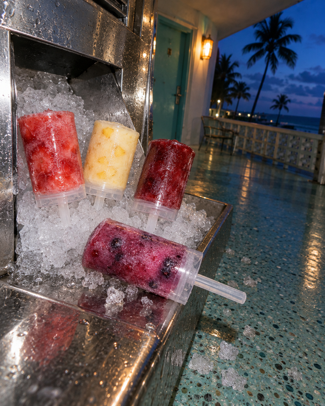 Four blended fruit Tidesicles served over ice with palm trees and the ocean at dusk.