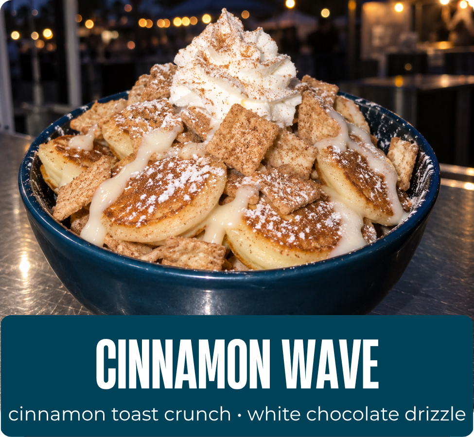 Cinnamon Wave mini pancakes with Cinnamon Toast Crunch, whipped cream, cinnamon sugar and white chocolate drizzle.