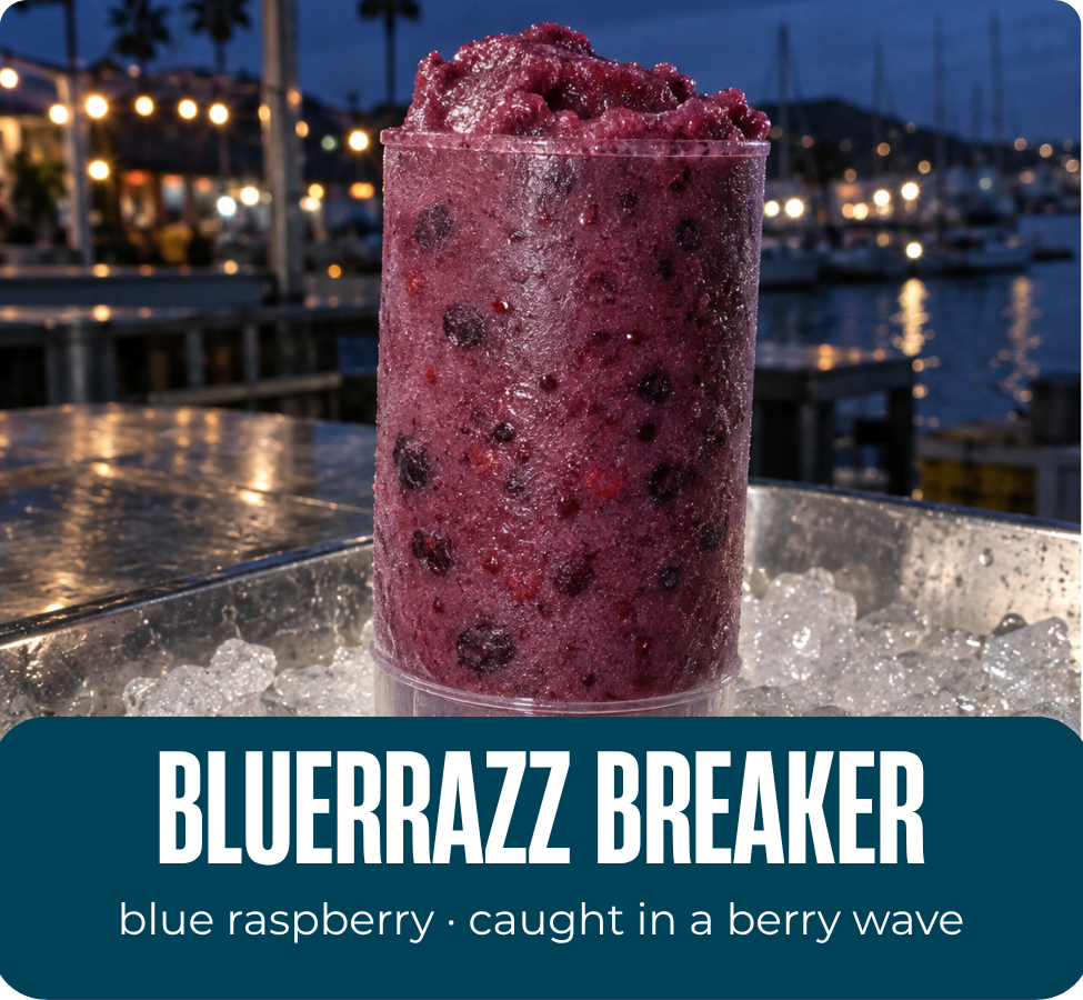 Bluerazz Breaker blueberry raspberry Tidesicle displayed over ice at a waterfront marina.