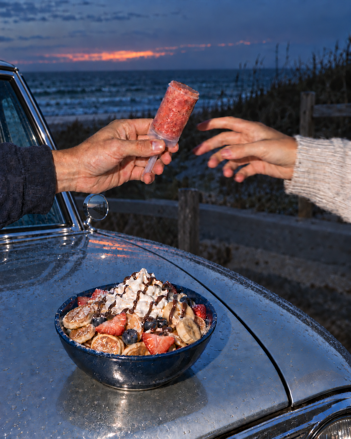 Customer receiving a real-fruit Tidesicle beside a TideHaus mini pancake bowl at the beach.