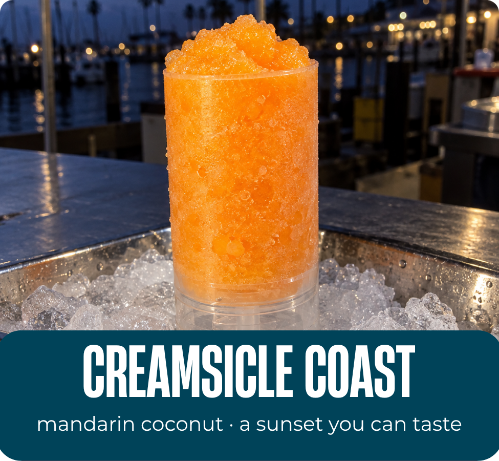Creamsicle Coast mandarin coconut Tidesicle displayed over ice at a waterfront marina.