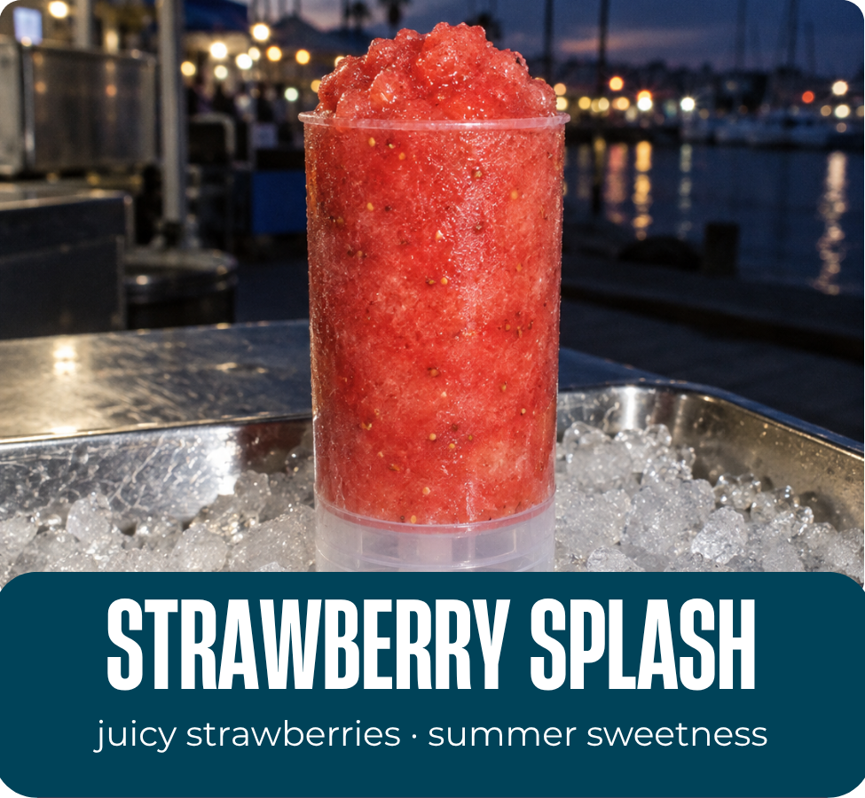 Strawberry Splash real-fruit Tidesicle displayed over ice at a waterfront marina.