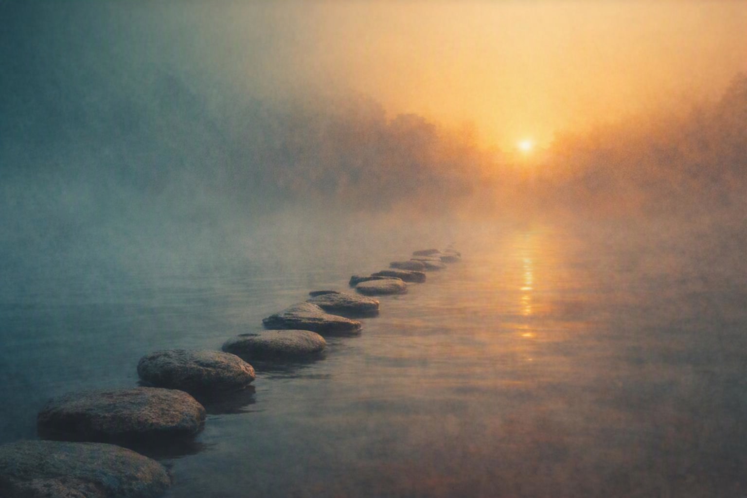 Stepping stones lead across still water toward a misty, light-filled horizon.