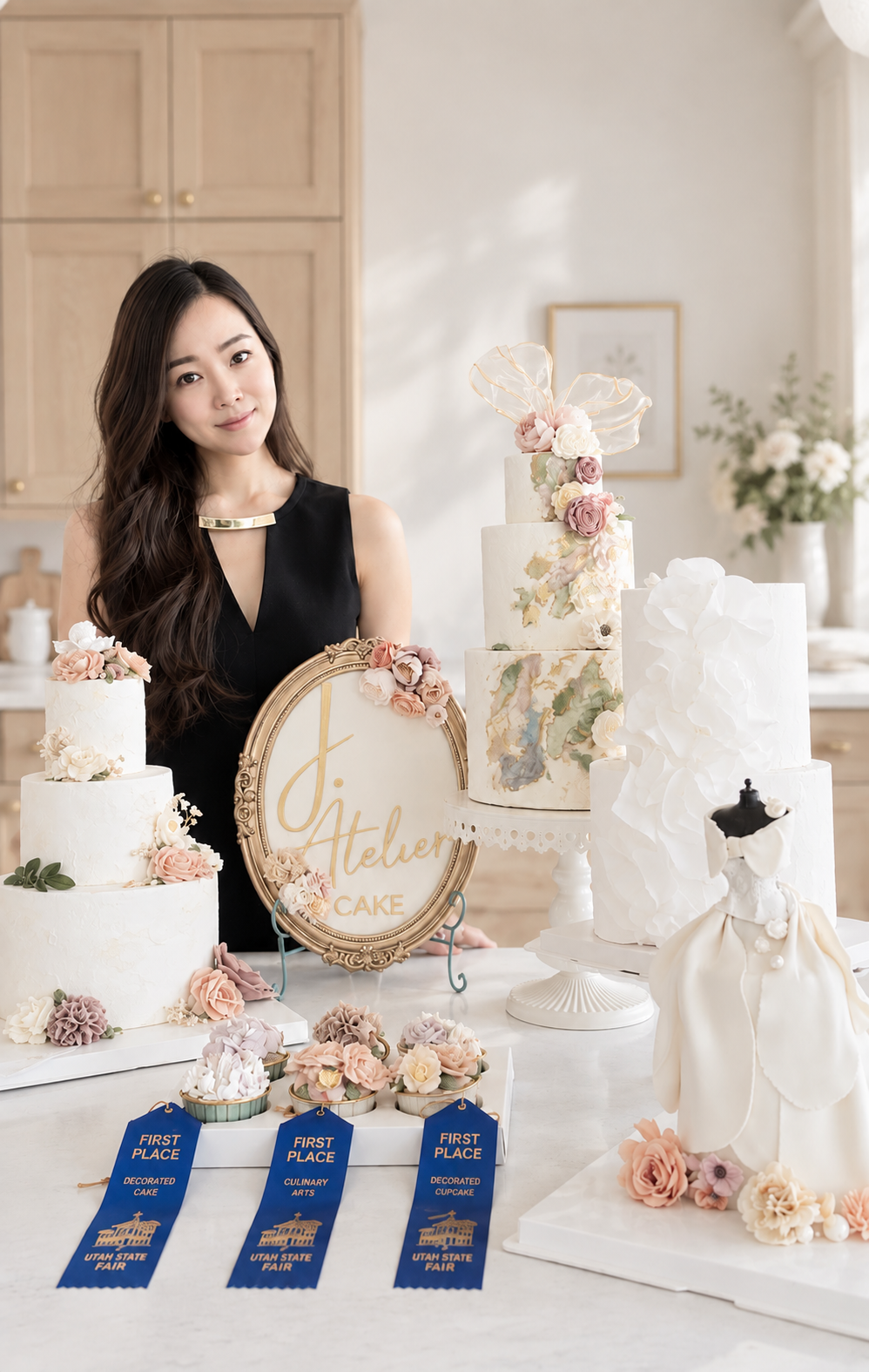 J. Atelier Cake owner with three First Place Utah State Fair awards and handcrafted floral cakes and cupcakes in Utah.