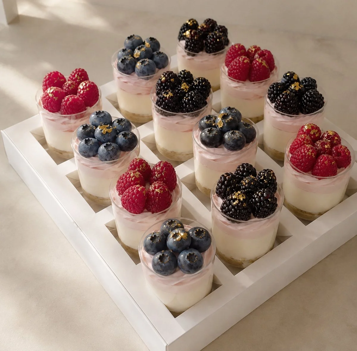 Fresh fruit panna cotta dessert cups topped with berries by J. Atelier Cake in Utah