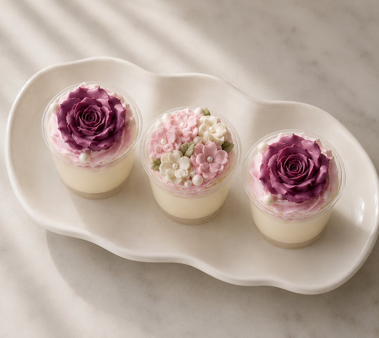 Elegant floral mousse dessert cups decorated with buttercream flowers by J. Atelier Cake in Utah
