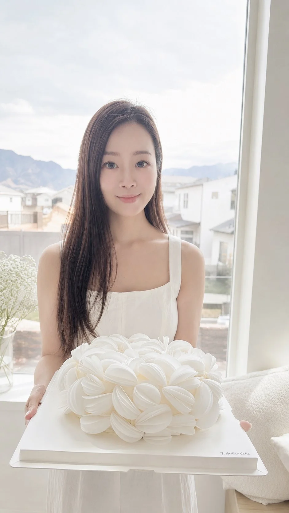 A woman in a white dress holding a white custom cake, elegantly with cream-like swirls, standing in front of a window with mountains outside.