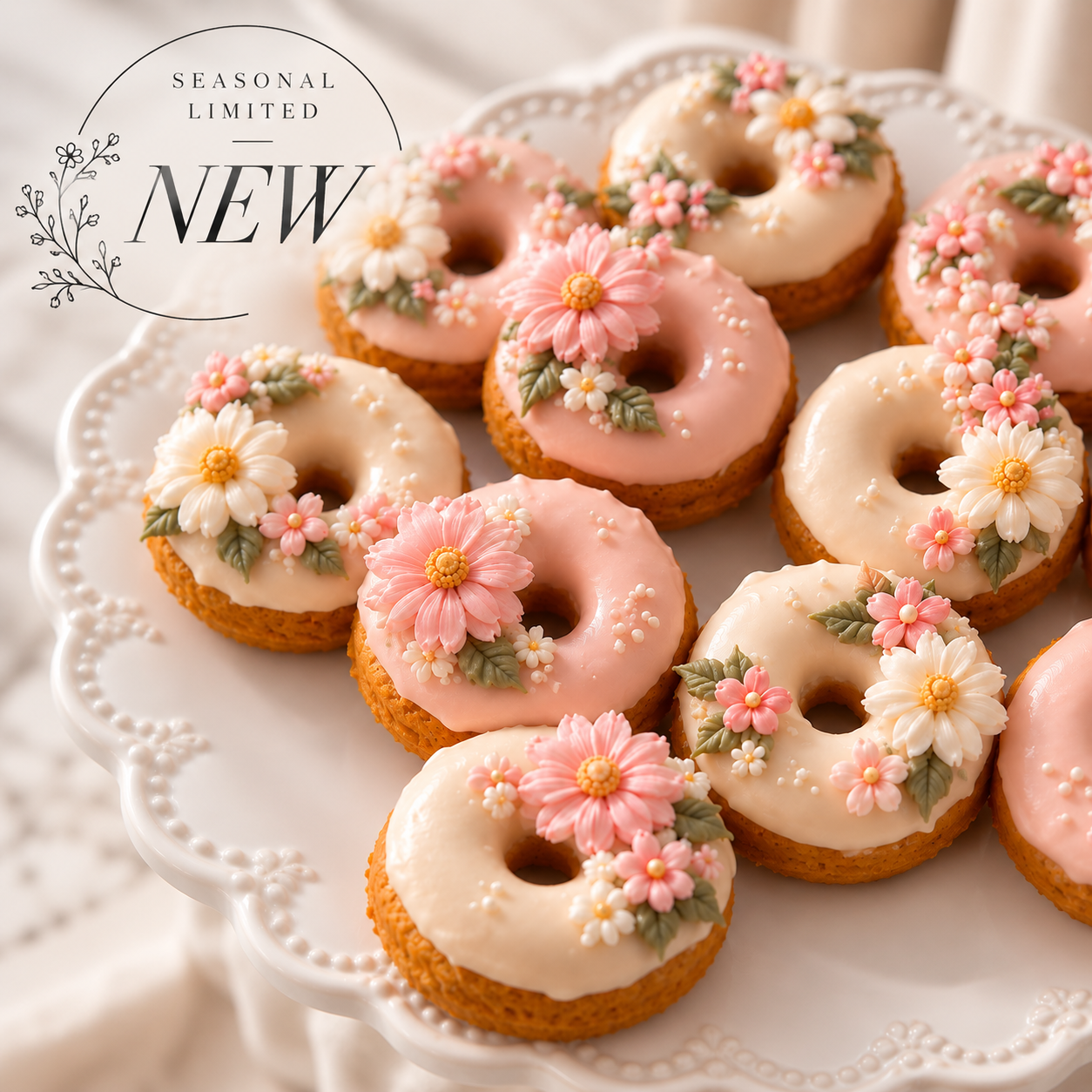 Seasonal pumpkin mini donuts with pink, vanilla, and chocolate glaze, decorated with handcrafted buttercream flowers by J. Atelier Cake in Utah.