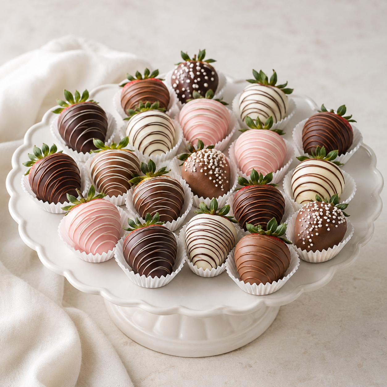 Chocolate-covered strawberries with pink, white, and chocolate drizzle by J. Atelier Cake in Utah