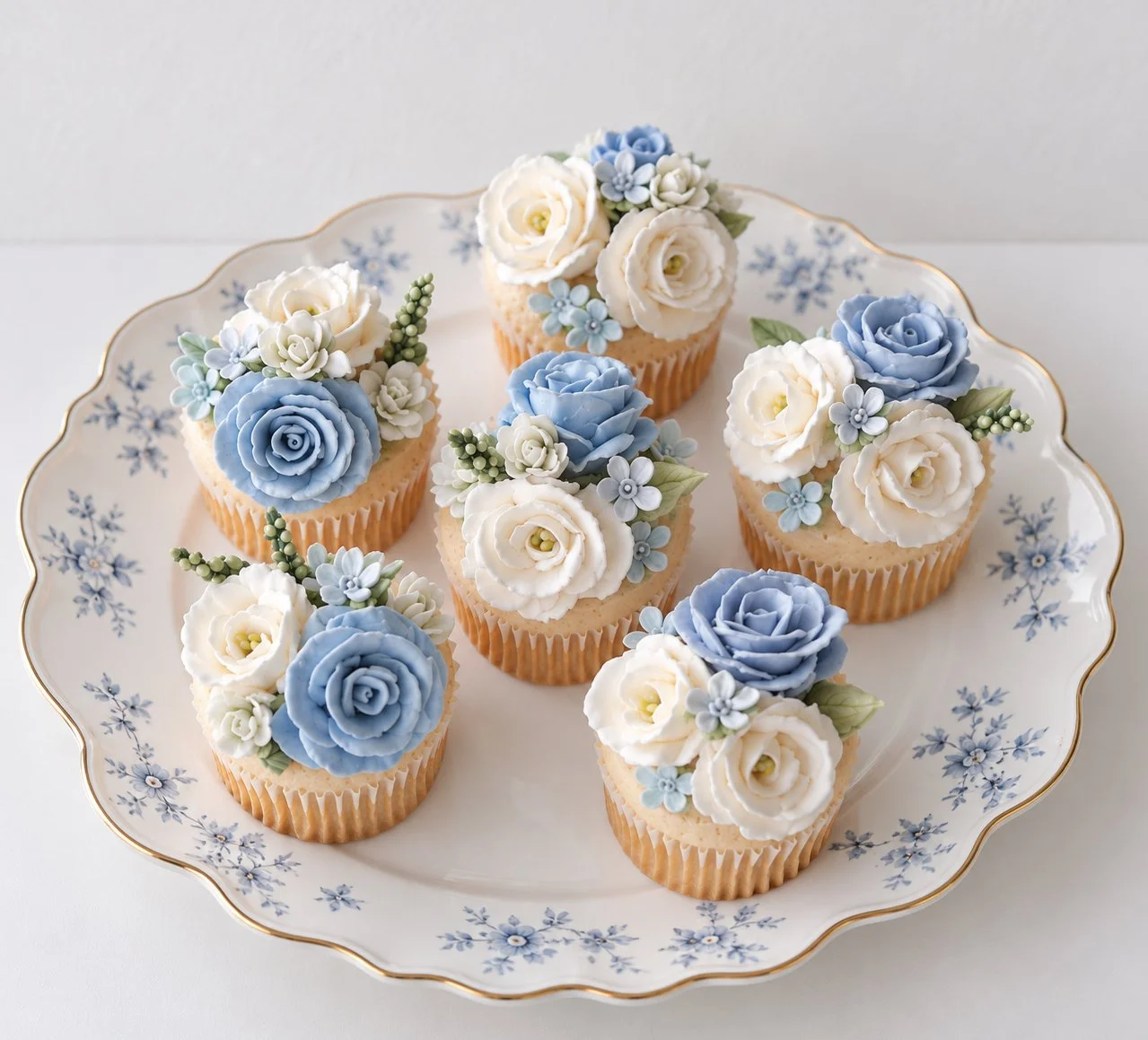 Blue and white buttercream floral cupcakes with hand-piped roses and delicate flowers by J. Atelier Cake in Lehi, Utah.