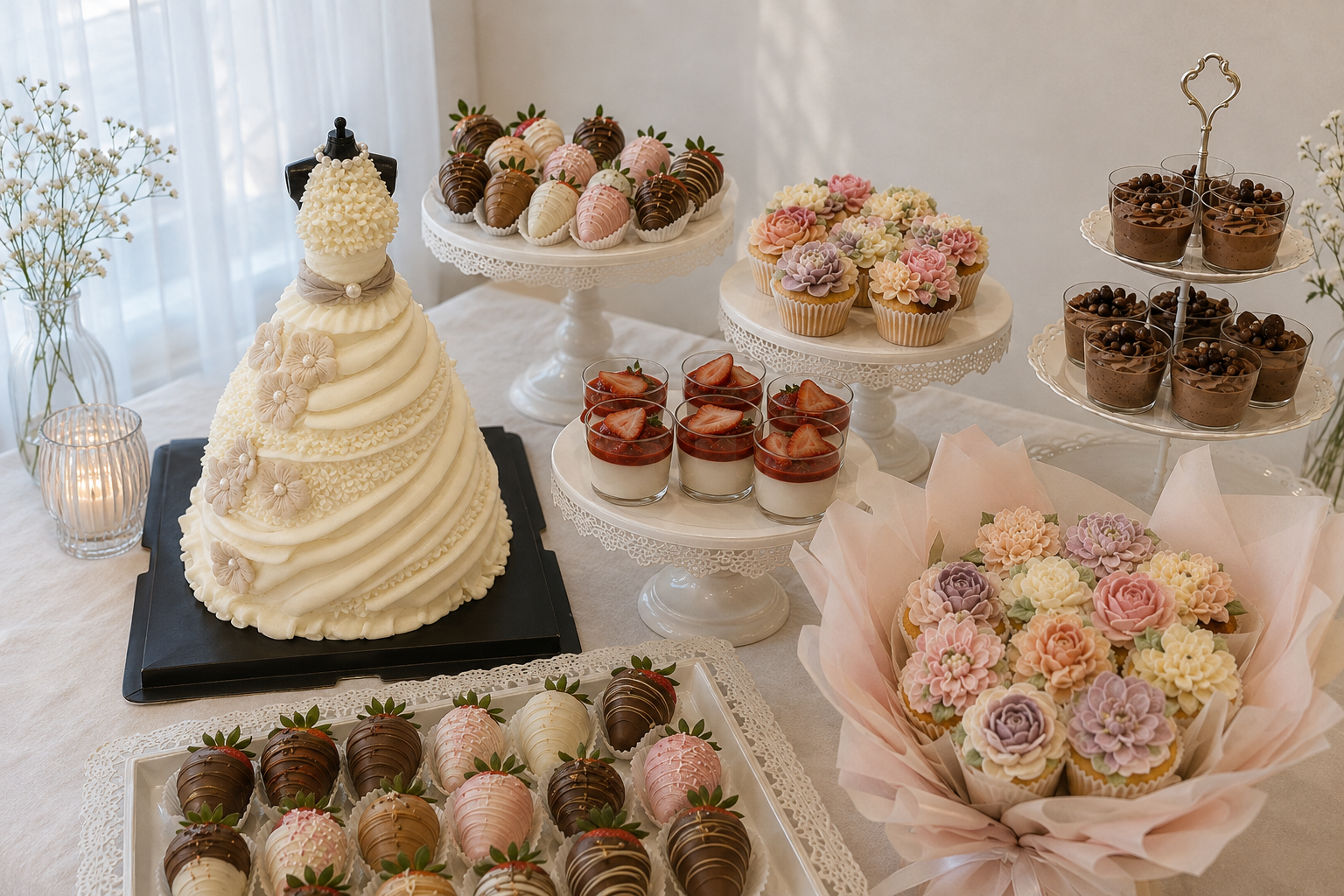 Elegant wedding dessert-table with cake, floral cupcakes, and desserts by J. Atelier Cake in Utah