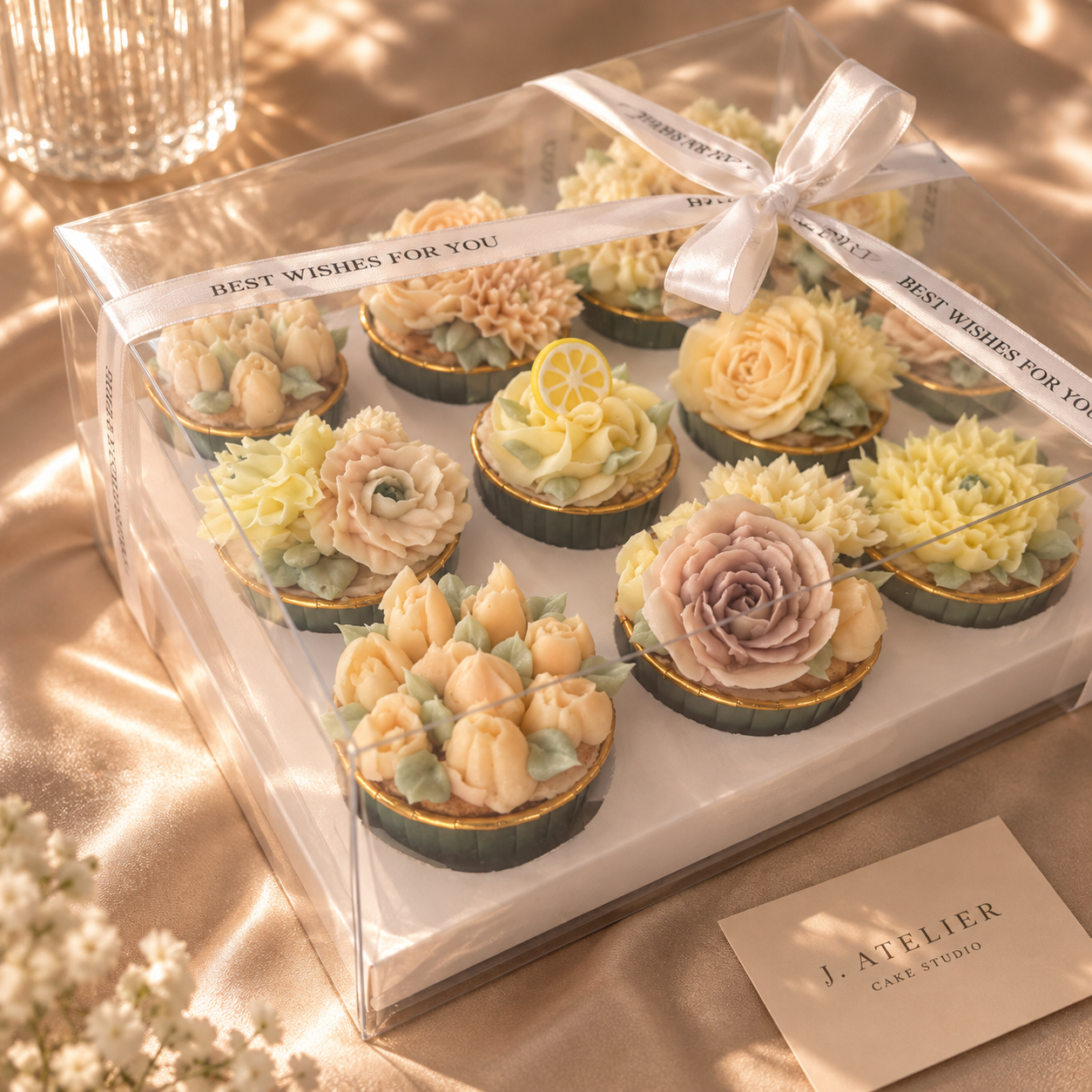 Elegant buttercream floral cupcake gift box in ivory and soft yellow by J. Atelier Cake in Lehi, Utah