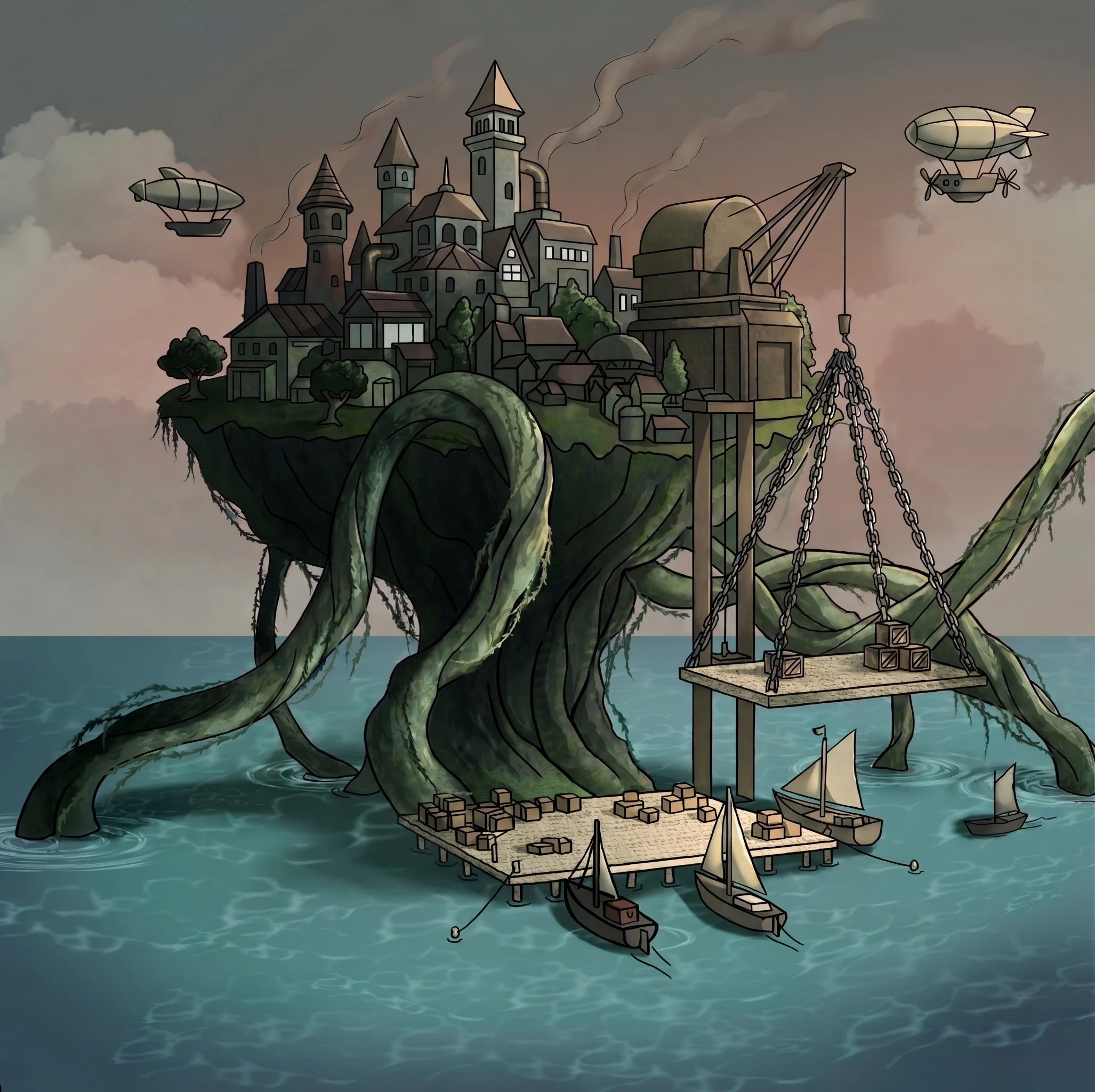 A floating island with a castle, trees, and a wooden dock, featuring large tentacle-like roots extending into the water, with aircraft flying above.