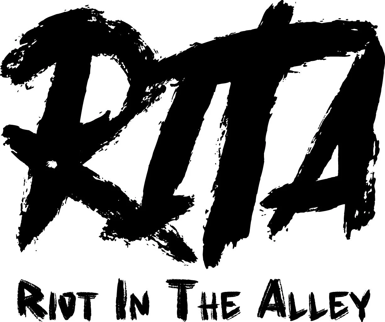 Texto artístico en negro que dice "XD" con estilo de dibujo de tinta y la frase "Riot in the Alley" debajo.