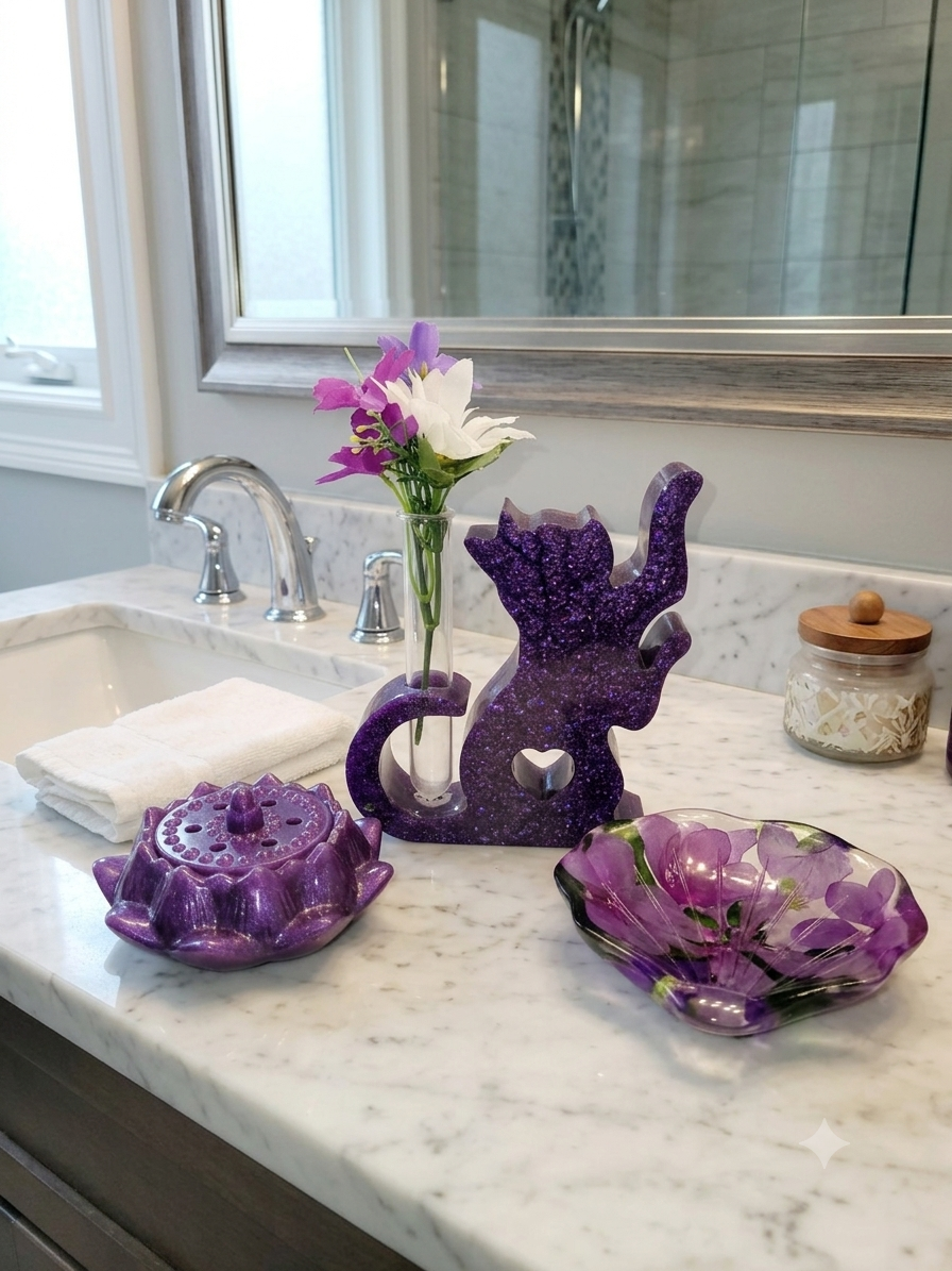 Bathroom bathroom countertop with purple decorative objects, a small vase with purple and white flowers, a glass jar with a wooden lid, and a folded white towel.