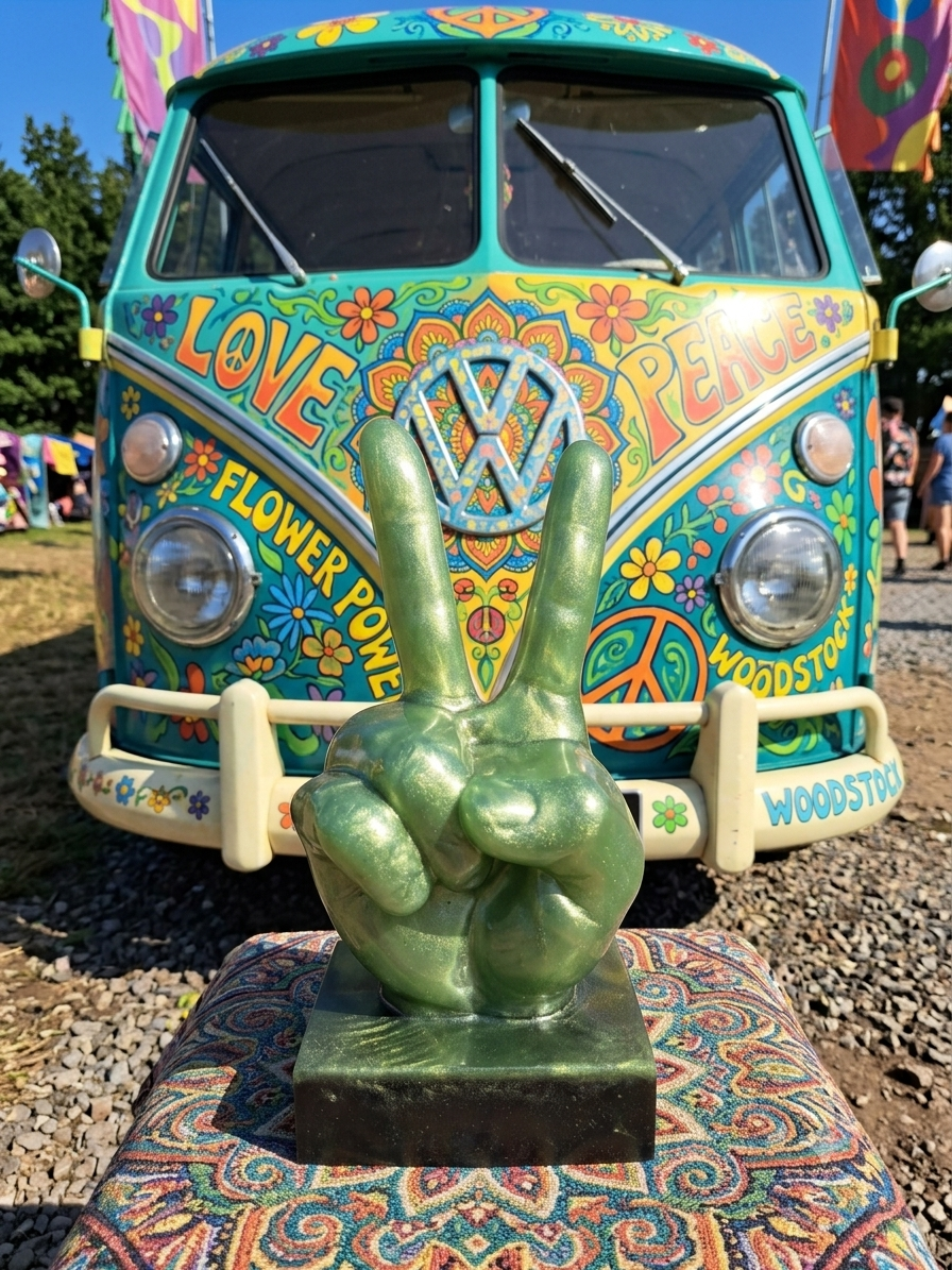 Close-up of a green hand sculpture making a peace sign in front of a colorful, graffiti-style Volkswagen van decorated with peace signs, flowers, and words like 'LOVE,' 'PEACE,' and 'FLOWER POWER.' The van and sculpture are outdoors at a festival or event.