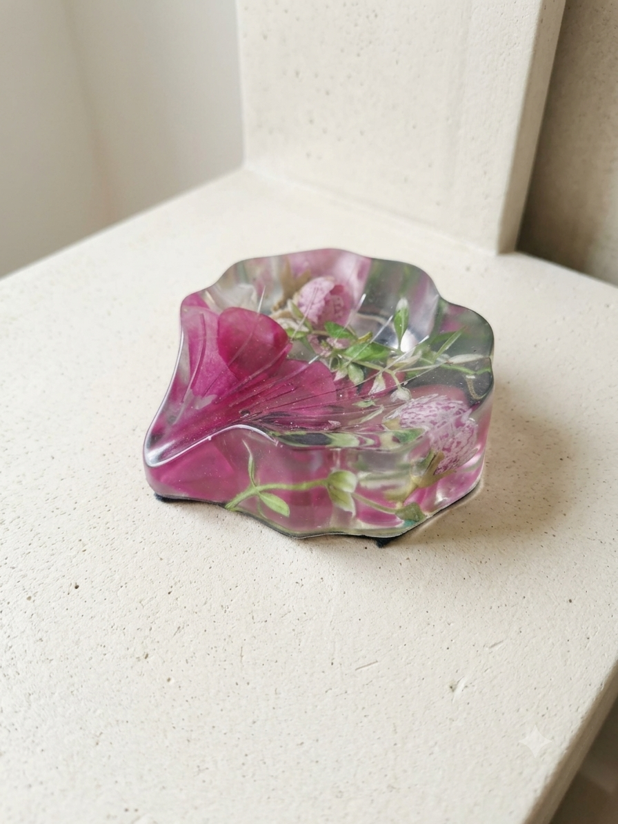 Decorative glass bowl with pink and green floral pattern on a white surface.