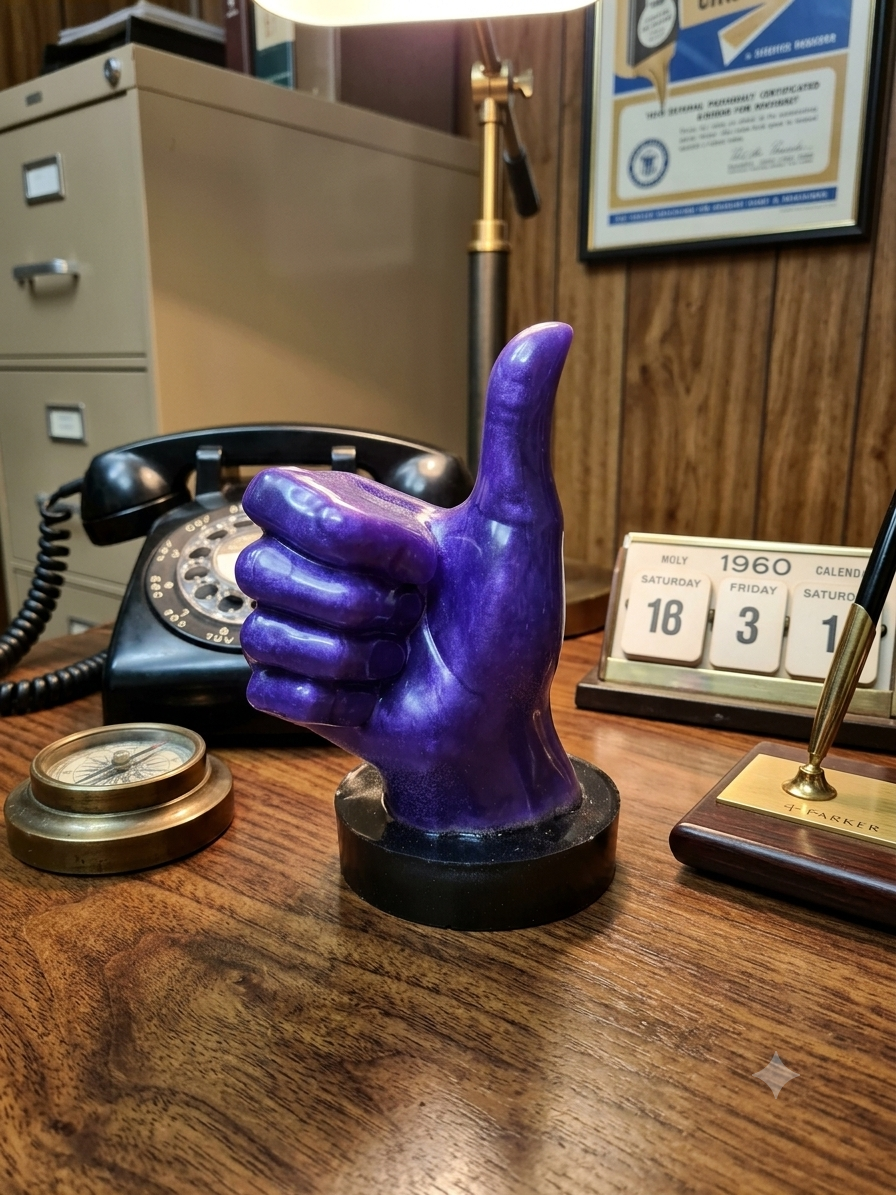 A purple ceramic hand giving a thumbs-up rest on a wooden desk, with a black vintage rotary phone, a brass compass, a desk calendar showing April 1960, and a gold-toned letter opener in a wooden holder nearby.