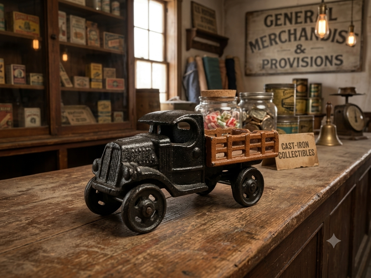 Vintage cast-iron toy truck on a wooden counter, labeled as collectible, in a nostalgic store with glass jars and old signs.