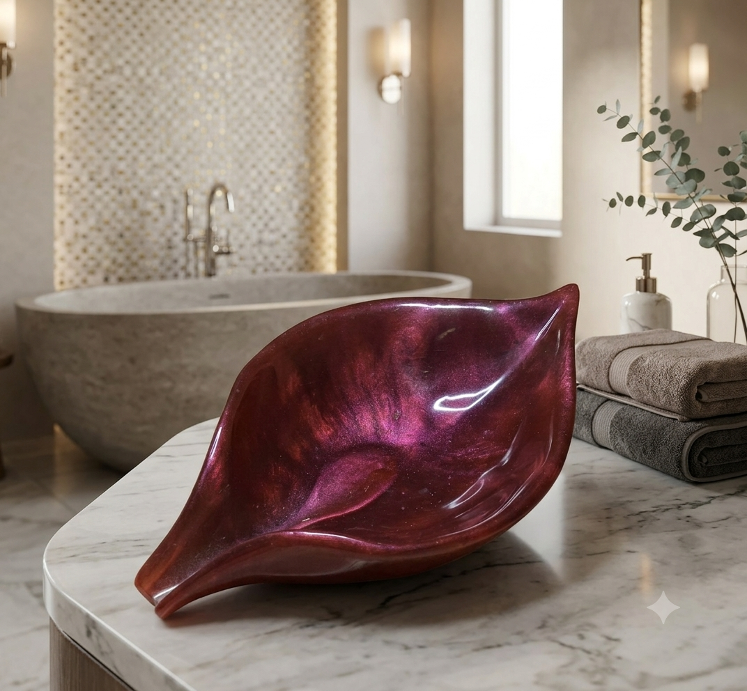 A red, glossy, shell-shaped decorative bowl on a marble surface in a modern bathroom with a freestanding bathtub, a window, and folded towels.