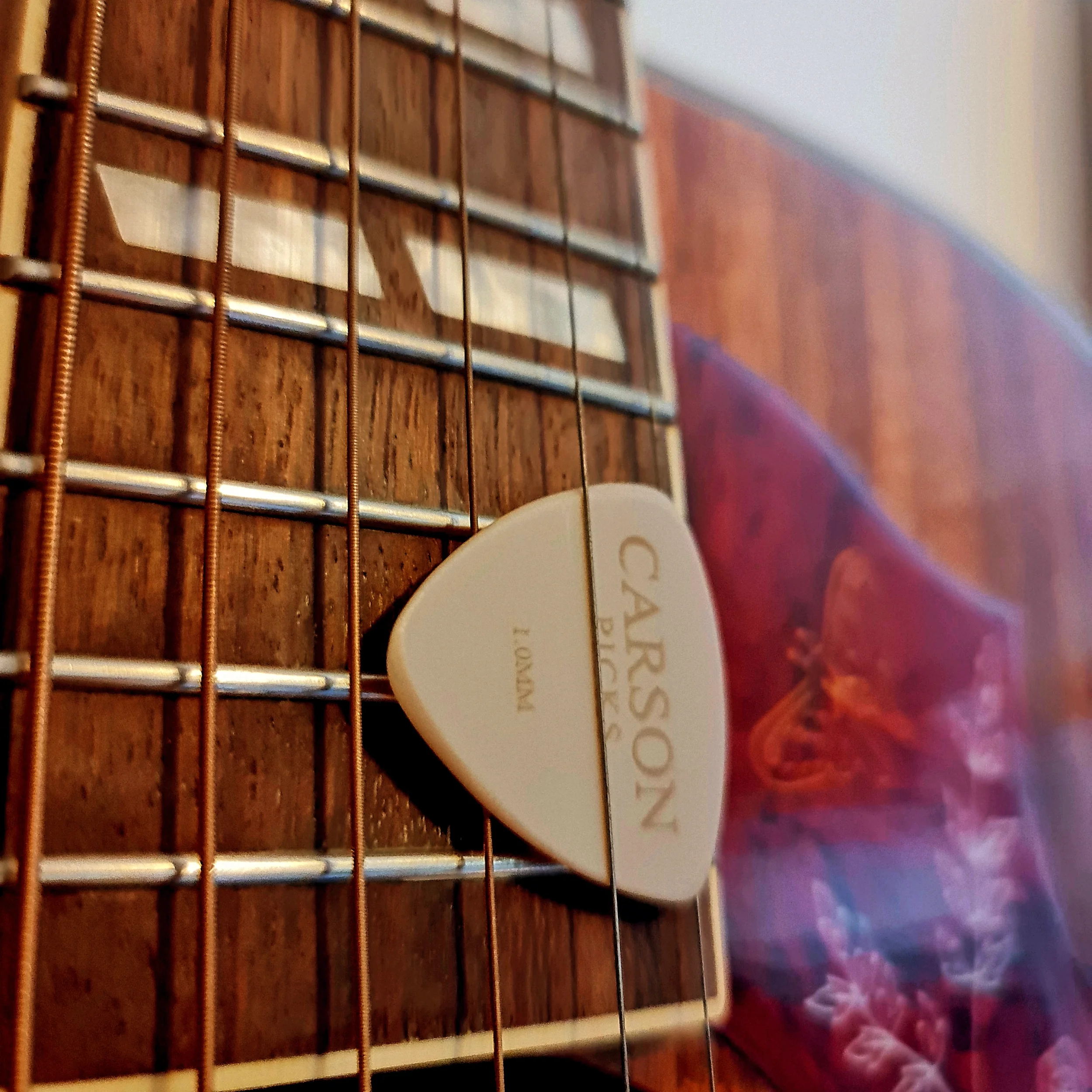 Close-up of a Carson Picks PEEK pick tucket underneath the strings of an acoustic guitar