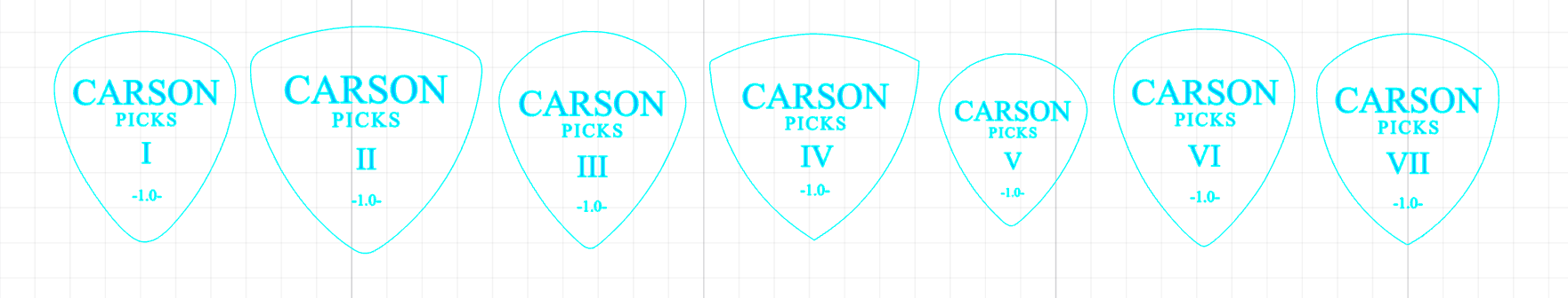 Seven guitar picks labeled with the name "Carson Picks", showing each guitar pick shape option.
