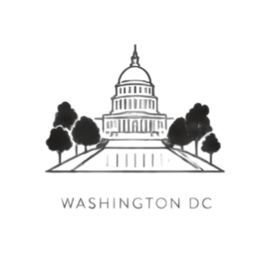 Outline of the United States Capitol building with trees and pathway in front, and the words "Washington DC" below.