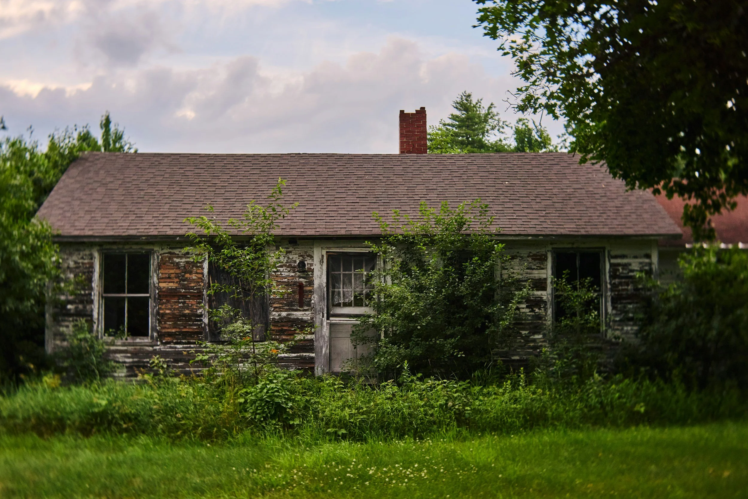 An old, abandoned house with peeling paint and broken windows, overgrown with grass and plants, surrounded by trees.