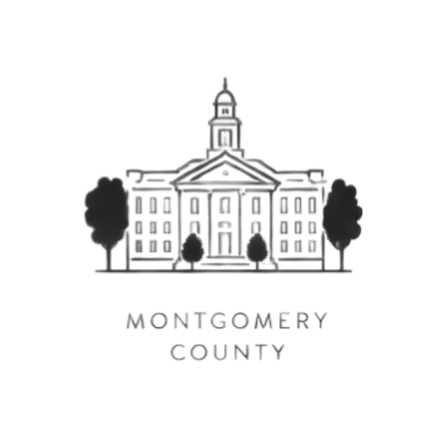 Illustration of a historic building with trees on either side and the text 'Montgomery County' below.