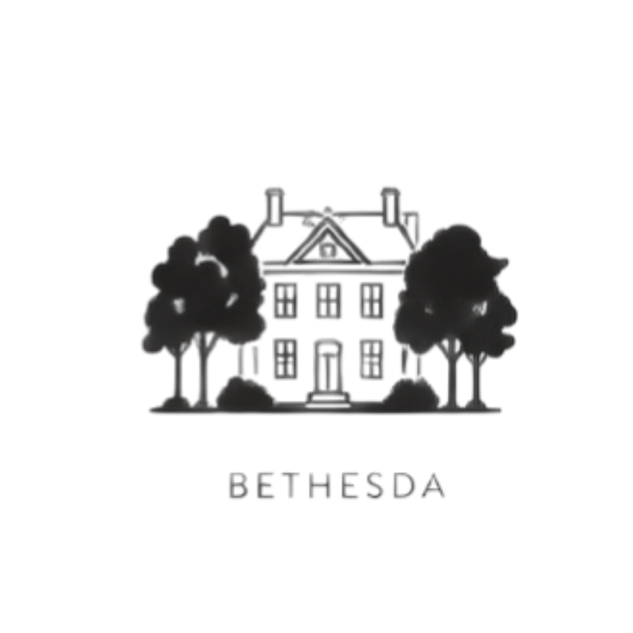 Black and white logo of a house with trees on each side and the word Bethesda beneath.