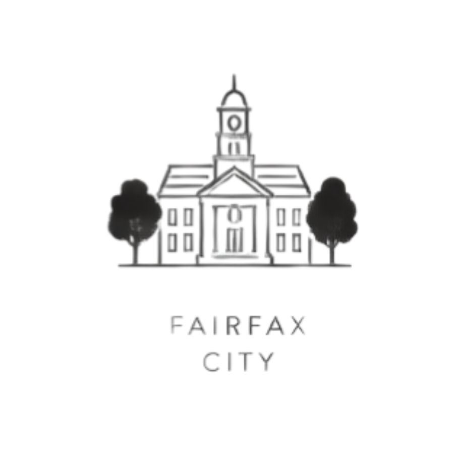 Line drawing of a historic courthouse building with two trees on either side and the text 'FAIRFAX CITY' below.