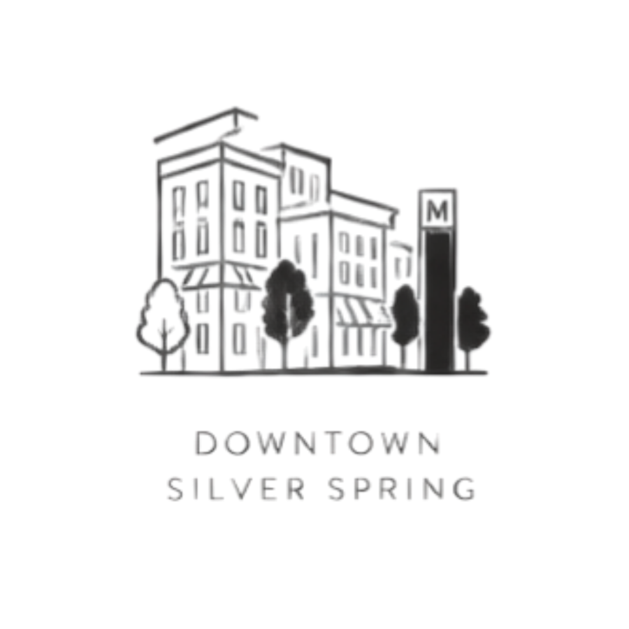 Line art illustration of a modern building, with trees in front, and the words "Downtown Silver Spring" underneath.