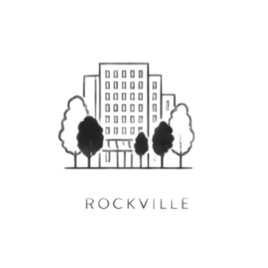 Illustration of a cityscape with tall buildings and trees, with the word 'Rockville' beneath.