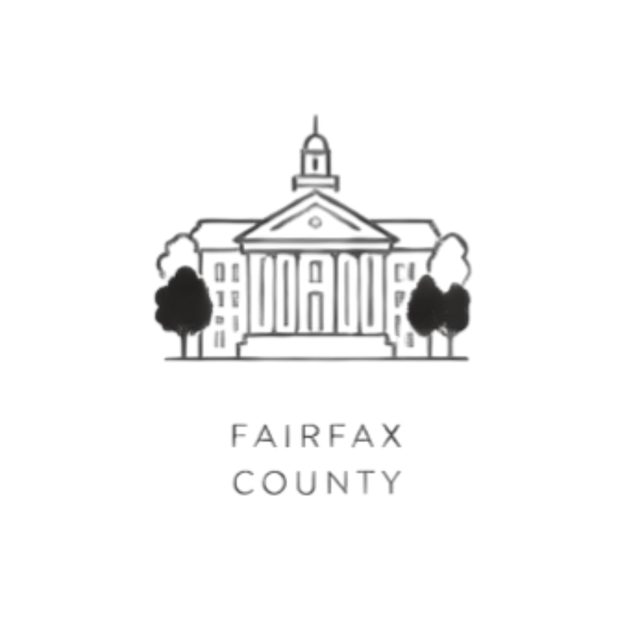 Outline of a courthouse with trees on either side, and the text "Fairfax County" below.